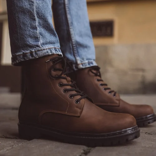 Mens Brown Leather Work Boots Fur Lined Combat
